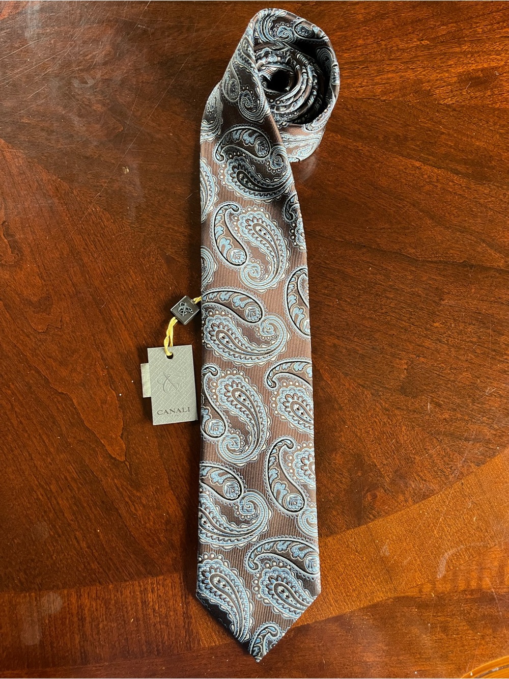 NWT Canali Chocolate Brown & Blue Paisley Print 100% Silk Made in Italy Tie